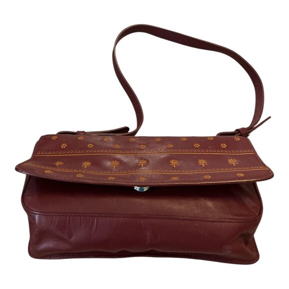 Adrienne Vittadini Genuine Leather Shoulder Bag – Burgundy with Embroidered Desi - Picture 2 of 6
